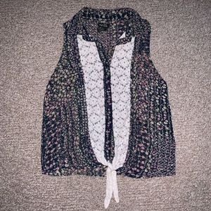 Navy ditzy pink yellow floral print white lace tie